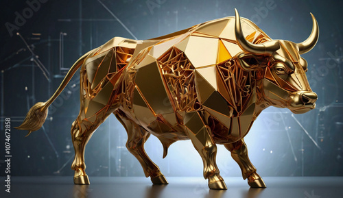 Golden, geometric bull sculpture with a stock market chart backdrop, symbolizing financial growth and a bullish market trend.