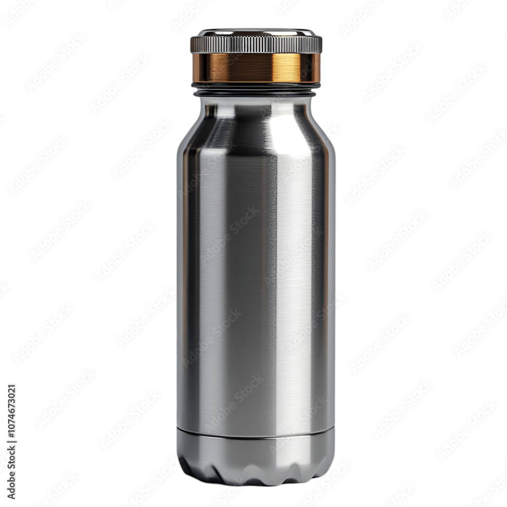 A sleek stainless steel water bottle designed for active lifestyles and hydration. Transparent Background. A sleek stainless steel water bottle designed for active lifestyles and hydration. Transparent Background.