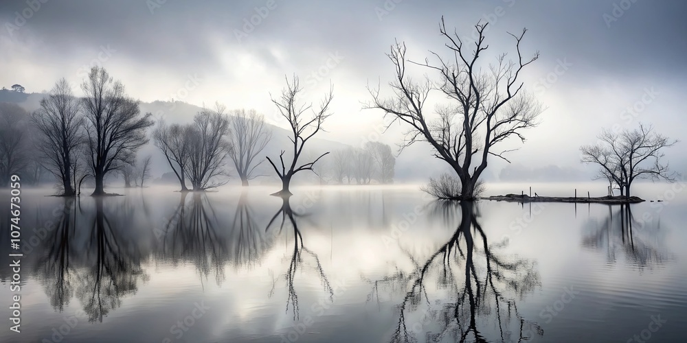 Silhouettes of leafless trees stand tall and strong against a misty background, their reflections perfectly mirrored in the calm, still water. Silhouettes of leafless trees stand tall and strong against a misty background, their reflections perfectly mirrored in the calm, still water.