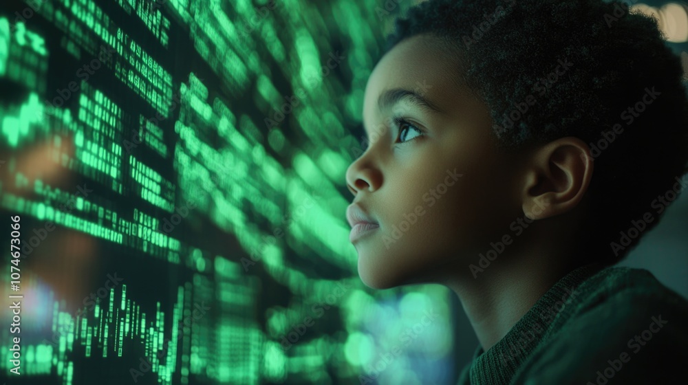 A young Black boy is looking at the stock market on a digital screen, with a green color theme and data visualization background. A young Black boy is looking at the stock market on a digital screen, with a green color theme and data visualization background.