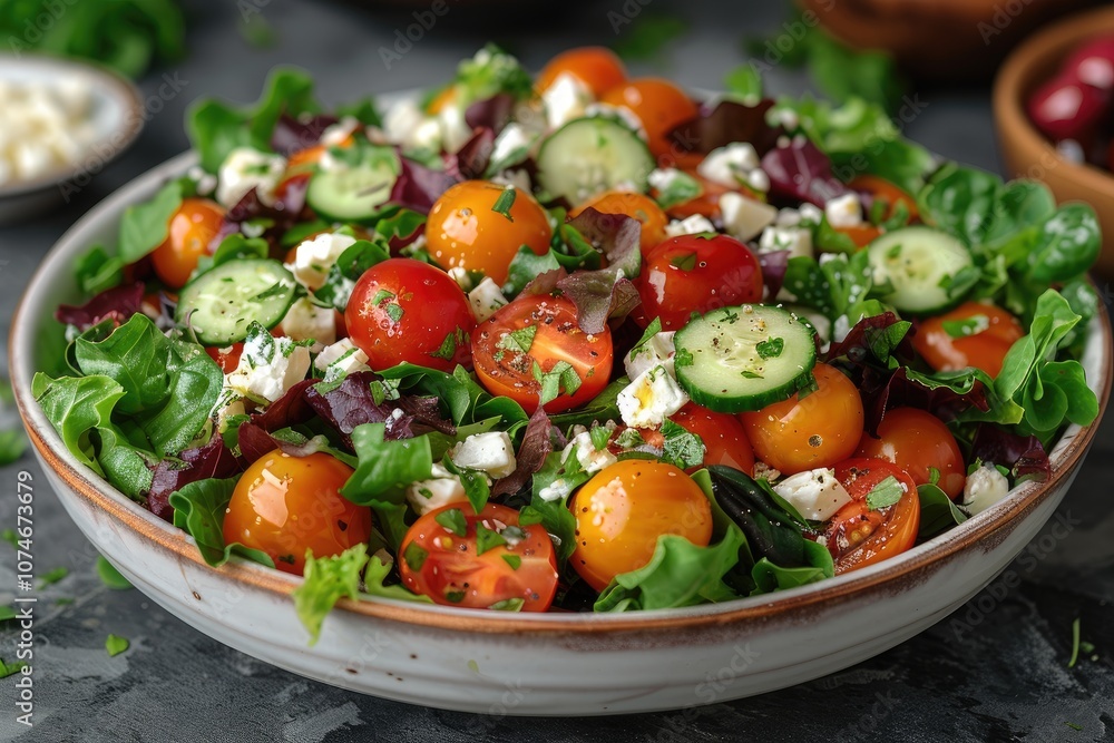 Fresh Salad with Tomatoes, Cucumber, Feta Cheese and Greens Fresh Salad with Tomatoes, Cucumber, Feta Cheese and Greens
