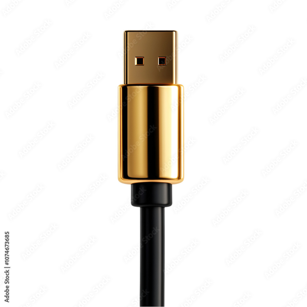 High-quality USB cable with a sleek gold-plated connector for reliable connections. Transparent Background. High-quality USB cable with a sleek gold-plated connector for reliable connections. Transparent Background.
