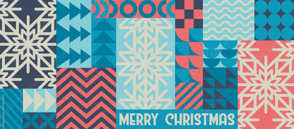 Fototapeta premium Merry Christmas vector illustration with snowflakes and bauhaus abstract geometric shapes background. Modern design pattern template for poster print, invitation, web banner, card, flyer