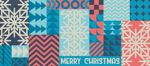 Merry Christmas vector illustration with snowflakes and bauhaus abstract geometric shapes background. Modern design pattern template for poster print, invitation, web banner, card, flyer