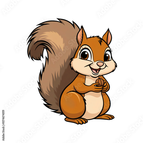 Cartoon squirrel sticker with big eyes, fluffy tail, and happy expression on white background, generative ai