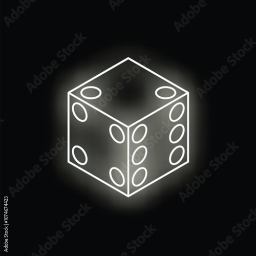 White neon dice is glowing on black background