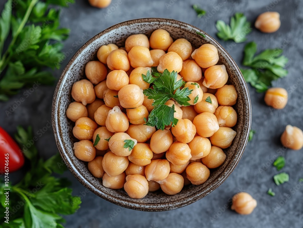 Fresh chickpeas in a rustic bowl, garnished with parsley, perfect for healthy recipes and plant-based dishes. Fresh chickpeas in a rustic bowl, garnished with parsley, perfect for healthy recipes and plant-based dishes.