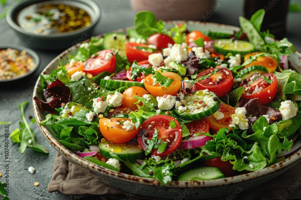 Fresh Salad with Tomatoes, Cucumbers, Feta Cheese, and Greens Fresh Salad with Tomatoes, Cucumbers, Feta Cheese, and Greens