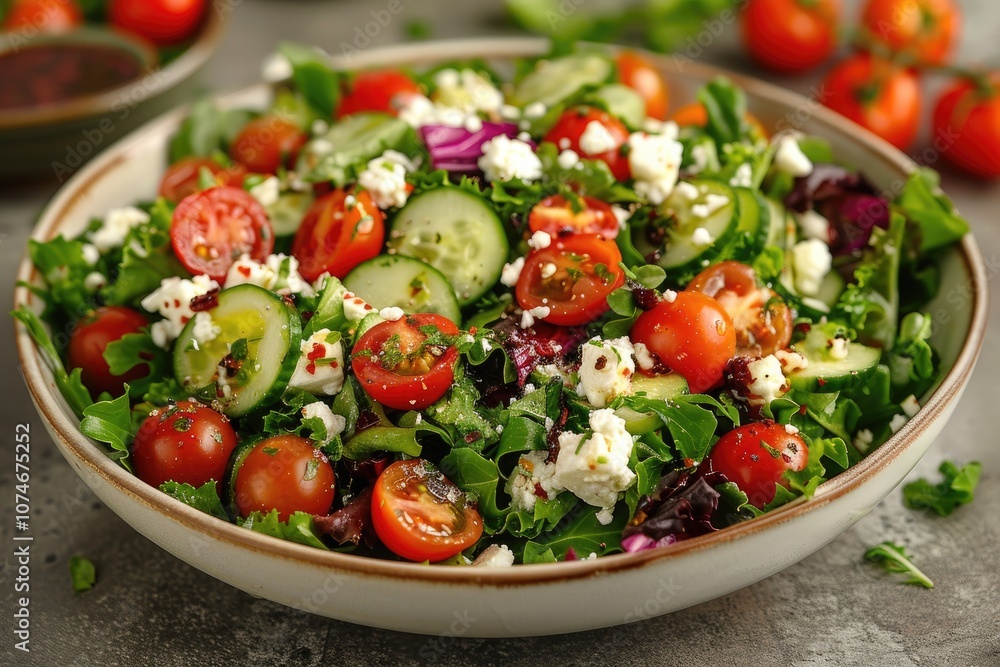 Fresh Salad with Tomatoes, Cucumber, Feta Cheese, and Greens Fresh Salad with Tomatoes, Cucumber, Feta Cheese, and Greens