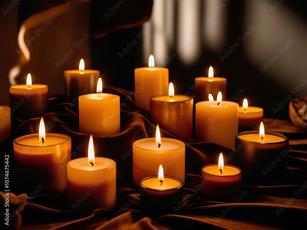 candles of various sizes lit in a dark place candles of various sizes lit in a dark place