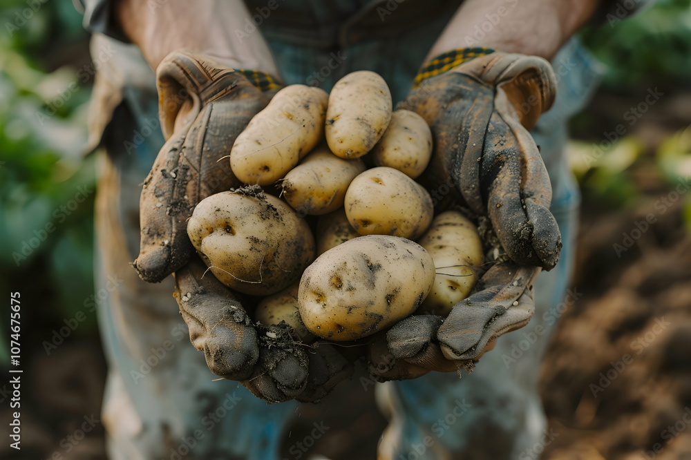 cropped view of rancher in work gloves holding fresh potatoes in cupped hands cropped view of rancher in work gloves holding fresh potatoes in cupped hands