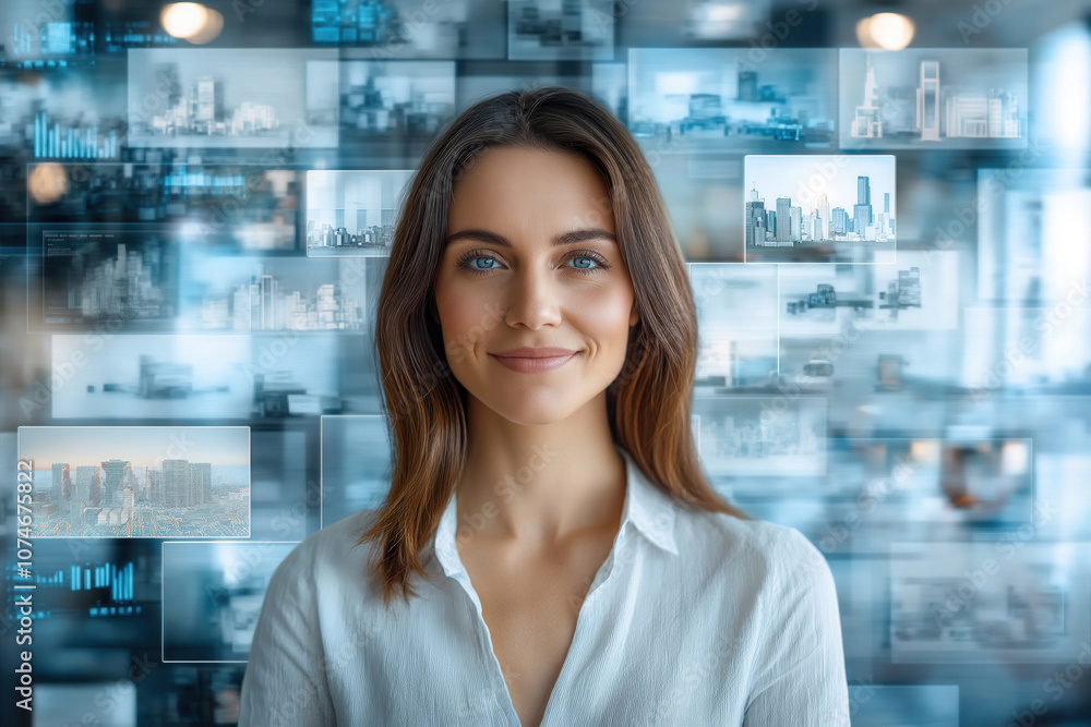Portrait of a young woman overlaid with digital graphics, symbolizing connectivity, innovation, and the integration of digital tools in professional environments, particularly in tech and agriculture. Portrait of a young woman overlaid with digital graphics, symbolizing connectivity, innovation, and the integration of digital tools in professional environments, particularly in tech and agriculture.