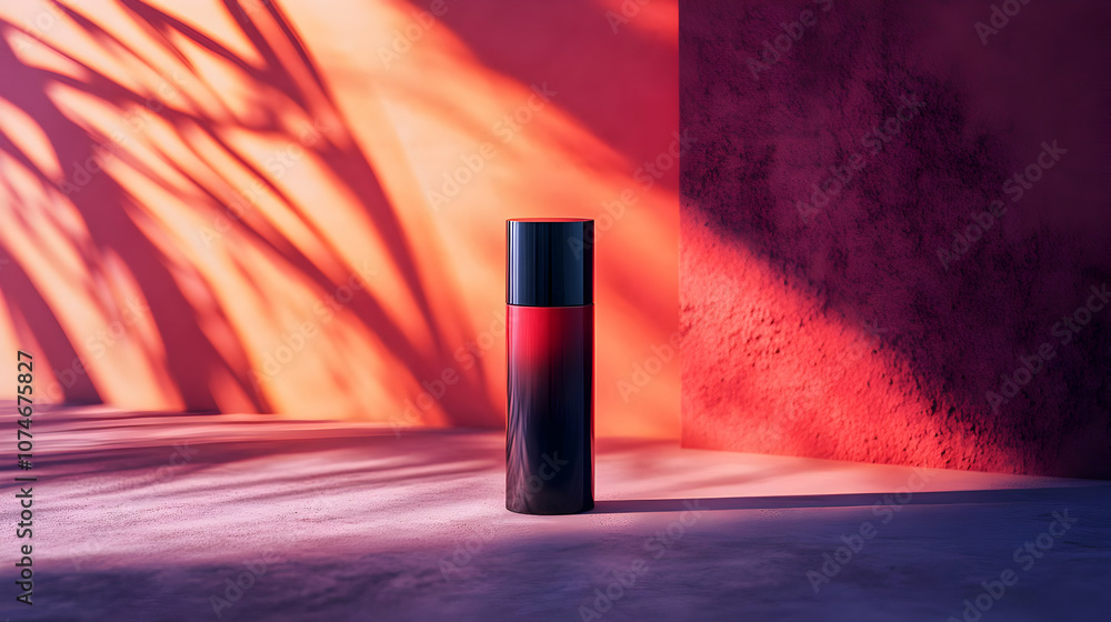 Red & Black Product Bottle 3D Illustration with Palm Leaf Shadows Red & Black Product Bottle 3D Illustration with Palm Leaf Shadows