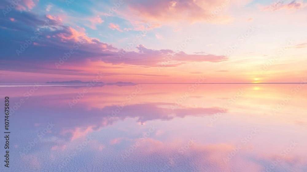 Naklejka premium Mesmerizing Reflection of Vibrant Sunset on Vast Salt Flat Landscape