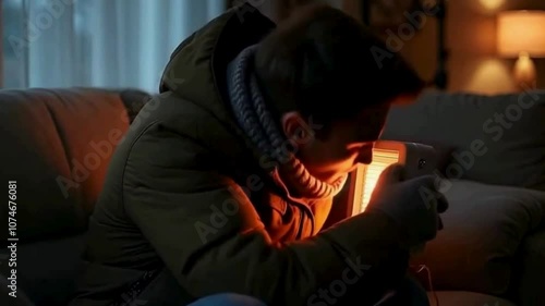 A young man sitting on the couch in the living room of his home or apartment, wearing a winter jacket, scarf, and gloves, is attempting to warm himself by using the electric heater since he is really 