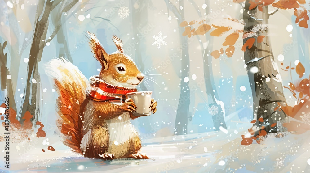 Naklejka premium a cute squirrel wearing a scarf and holding a coffee cup in its hand