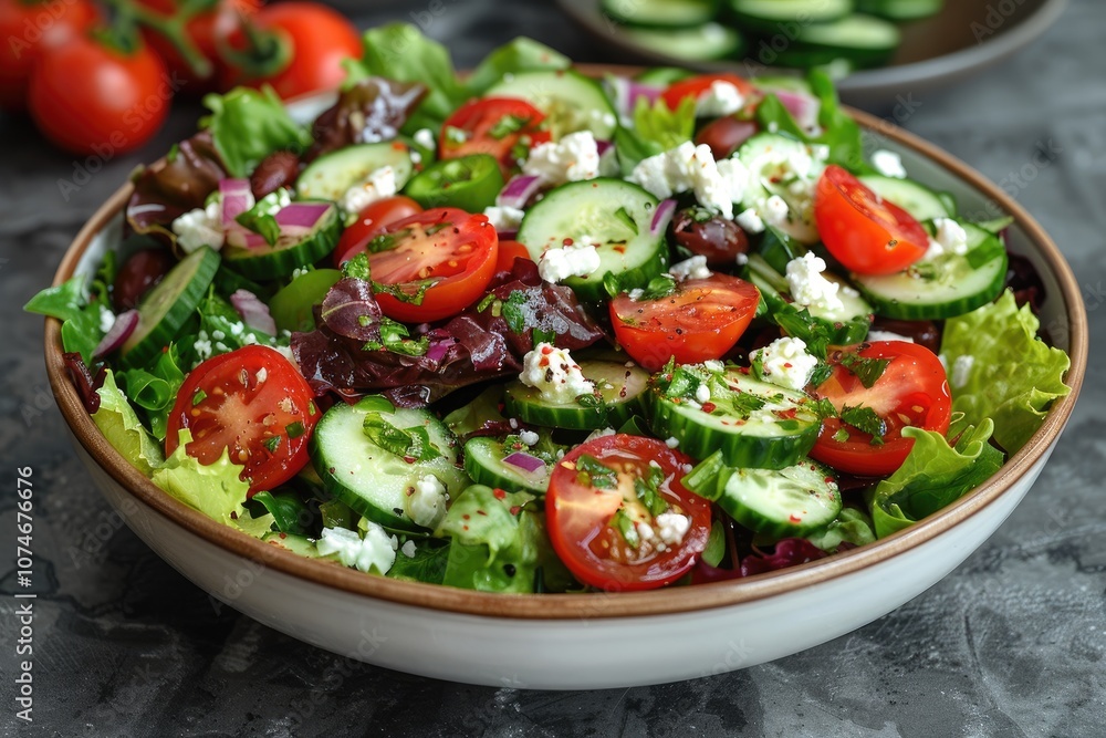 Fresh Green Salad with Tomatoes, Cucumbers, and Feta Cheese Fresh Green Salad with Tomatoes, Cucumbers, and Feta Cheese