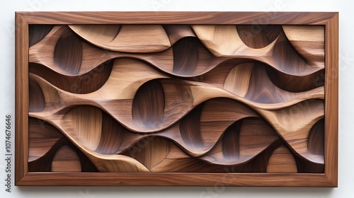 Fototapeta Naklejka Na Ścianę i Meble -  A wooden wall panel with a textured, wave-like pattern, framed in a thick, dark wood.