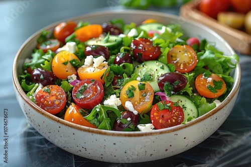 Fresh Salad with Cherry Tomatoes, Cucumber, Olives, and Feta Cheese