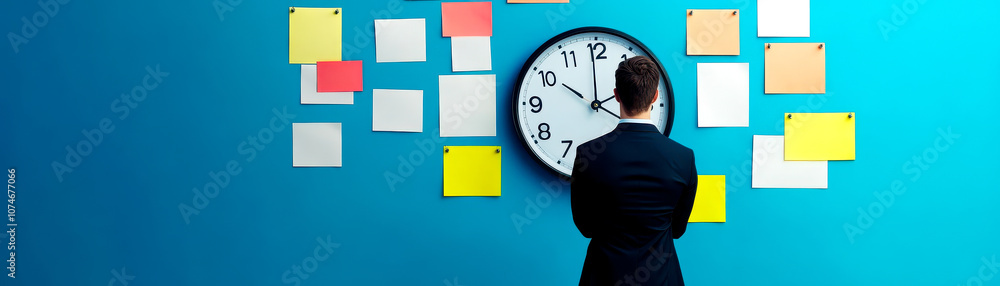 A businessman reflects on time management and organization in a modern office setting with sticky notes and a clock. A businessman reflects on time management and organization in a modern office setting with sticky notes and a clock.