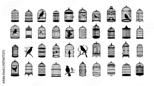 Bird cage black silhouettes. Soaring animals metal aviary container, rods enclosure hutch, confinement jail corral prison freedom symbol isolated vector icons on white background