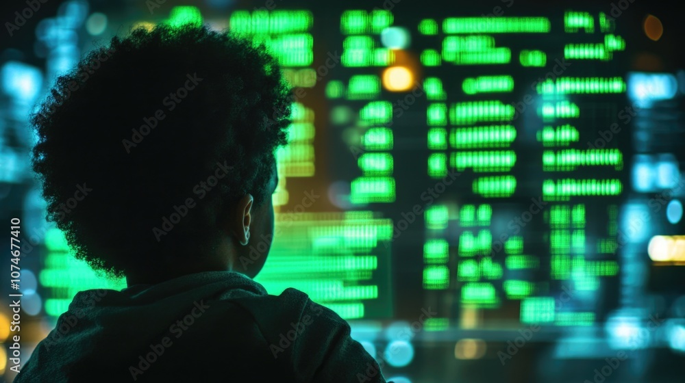 Black child looking at a screen displaying trading data and financial information. Black child looking at a screen displaying trading data and financial information.