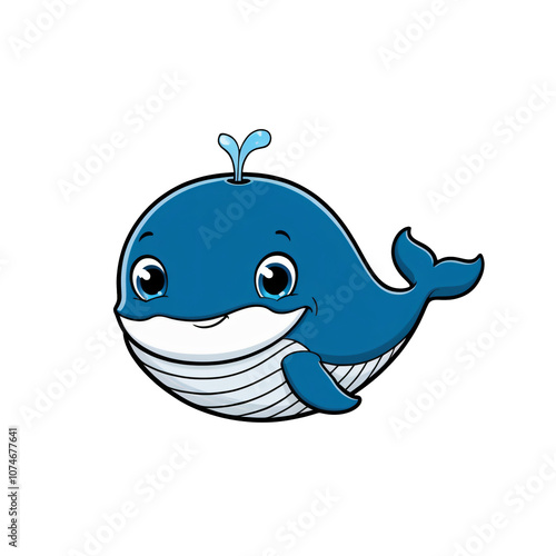 Cartoon style whale sticker with big blue eyes, curved body, and playful water spout, white background, generative ai
