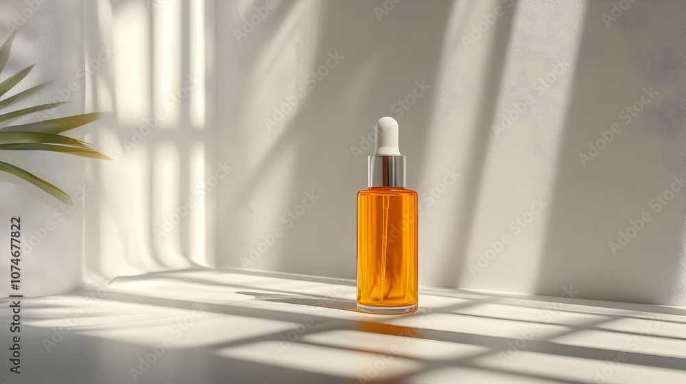 Glass Dropper Bottle with Liquid Product on White Background with Light and Shadow Glass Dropper Bottle with Liquid Product on White Background with Light and Shadow