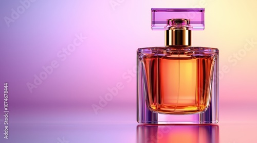 Elegant amber perfume bottle with a translucent cap, set against a gradient background of purple and pink hues, creating a luxurious and serene feel for beauty compositions