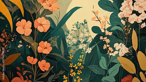 Vibrant botanical jungle: exotic floral and lush foliage in bold color palette photo