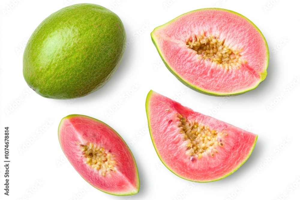 Close up of a pink and green fruit with a slice missing. The fruit is a guava Close up of a pink and green fruit with a slice missing. The fruit is a guava