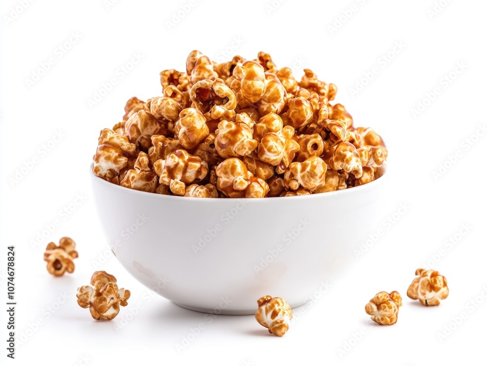 Crispy kernels of yellow popcorn in a white bowl. Crispy kernels of yellow popcorn in a white bowl.