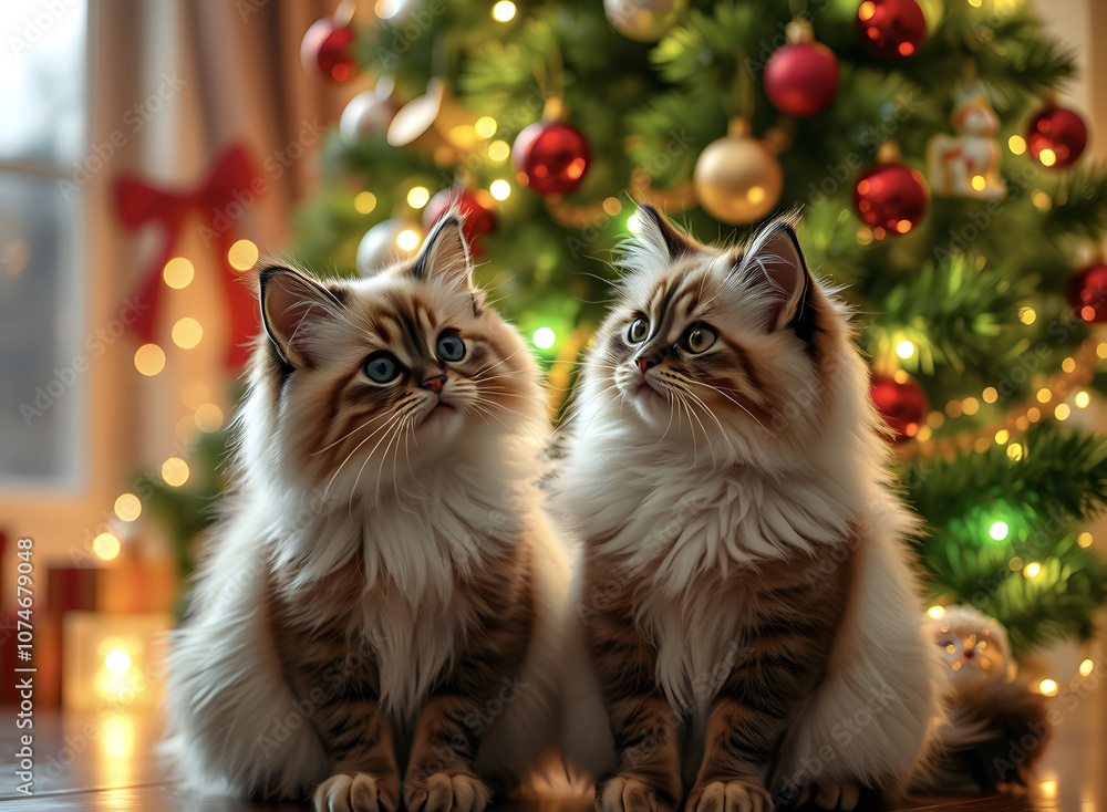 Christmas atmosphere, festive presentation of Ragdoll cats. Magnificent Christmas tree, romantic lighting. Christmas atmosphere, festive presentation of Ragdoll cats. Magnificent Christmas tree, romantic lighting.