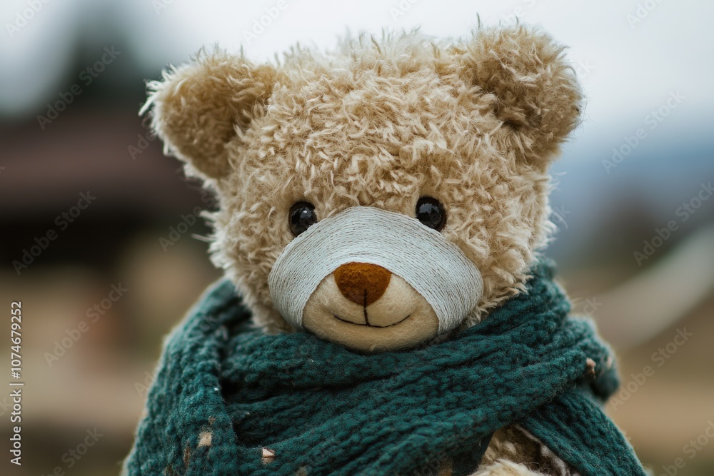 Teddy Bear Wearing a Scarf and Bandage Over Its Eyes Teddy Bear Wearing a Scarf and Bandage Over Its Eyes