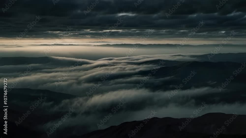 A stunning aerial view of mountain peaks reaching above a blanket of low-lying clouds, revealing a dramatic and atmospheric scene. A stunning aerial view of mountain peaks reaching above a blanket of low-lying clouds, revealing a dramatic and atmospheric scene.