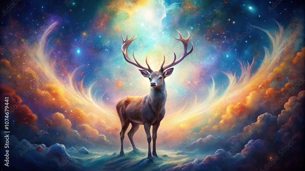 A Majestic Deer Stands Tall Against a Cosmic Landscape of Whimsical Clouds and Sparkling Stars A Majestic Deer Stands Tall Against a Cosmic Landscape of Whimsical Clouds and Sparkling Stars