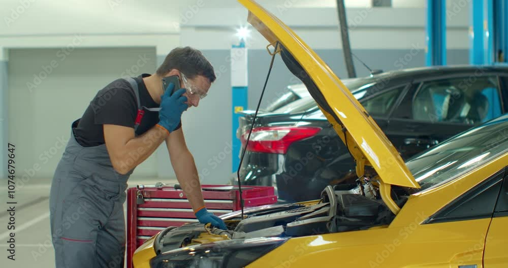 Mechanic talking on a mobile phone with the car owner while repairing a car in a garage. Mechanic talking on a mobile phone with the car owner while repairing a car in a garage.
