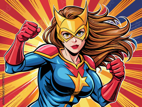 Pop art comic book style super heroine punching with female superhero costume poster design wall decoration illustratio