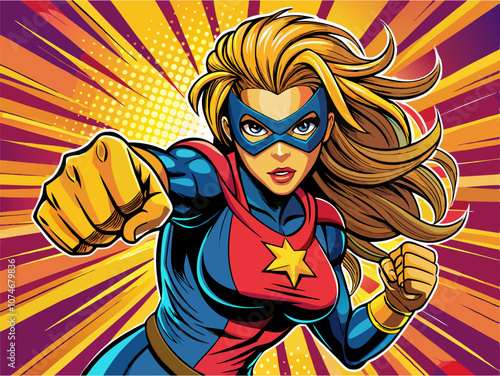 Pop art comic book style super heroine punching with female superhero costume