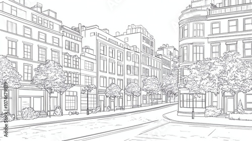 A line drawing of a city street with tall buildings and trees in the foreground.