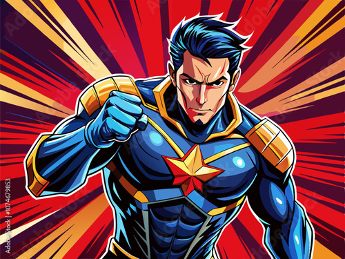 comic book style super hero punching with male superhero costume