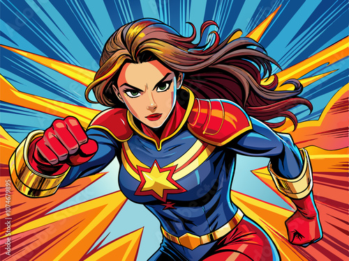  Pop art comic book style super heroine punching with female superhero costume poster design wall decoration.