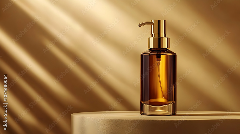 Golden Pump Bottle on Beige Platform with Light Rays Illustration Golden Pump Bottle on Beige Platform with Light Rays Illustration