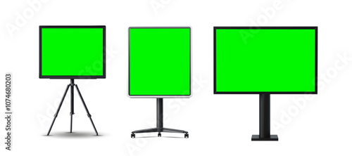 Set of Three Display Stands with Green Screens on White Background