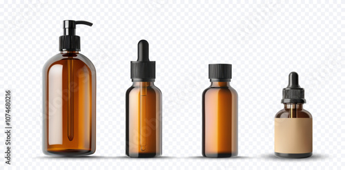 Vector of amber glass bottles with droppers and pump dispensers, ideal for cosmetics, skincare, and pharmaceutical packaging. Perfect for branding, product design, and eco-friendly packaging.
