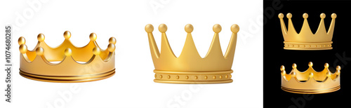 A set of 3D vector illustrations showing different styles of gold crowns, each featuring rounded and pointed designs with decorative elements, displayed against both white and black background