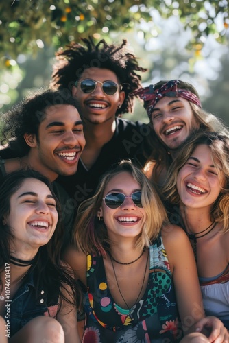 A happy group of young people laughing together, enjoying the outdoors. They are dressed casually and have sunglasses on. This image conveys a sense of fun, friendship, and shared joy.