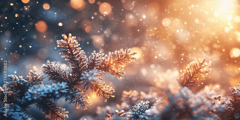 Magical winter, Christmas branches with bokeh on a bright colored background Magical winter, Christmas branches with bokeh on a bright colored background