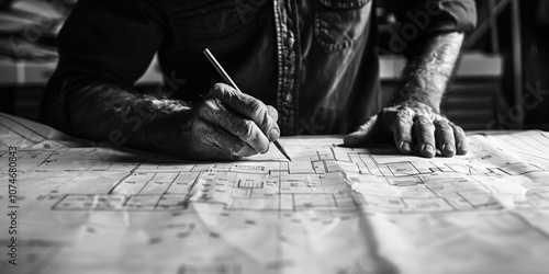 Man is drawing on a piece of paper with a pencil. He is wearing a blue shirt and has a beard. Concept of focus and concentration as the man carefully draws on the paper