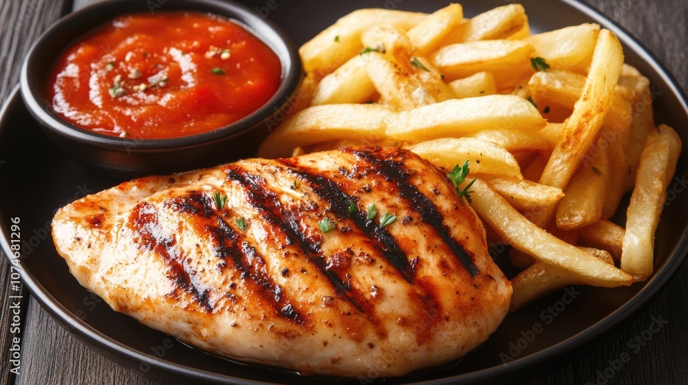 A grilled chicken fillet with fries and tomato sauce on a plate. A grilled chicken fillet with fries and tomato sauce on a plate.